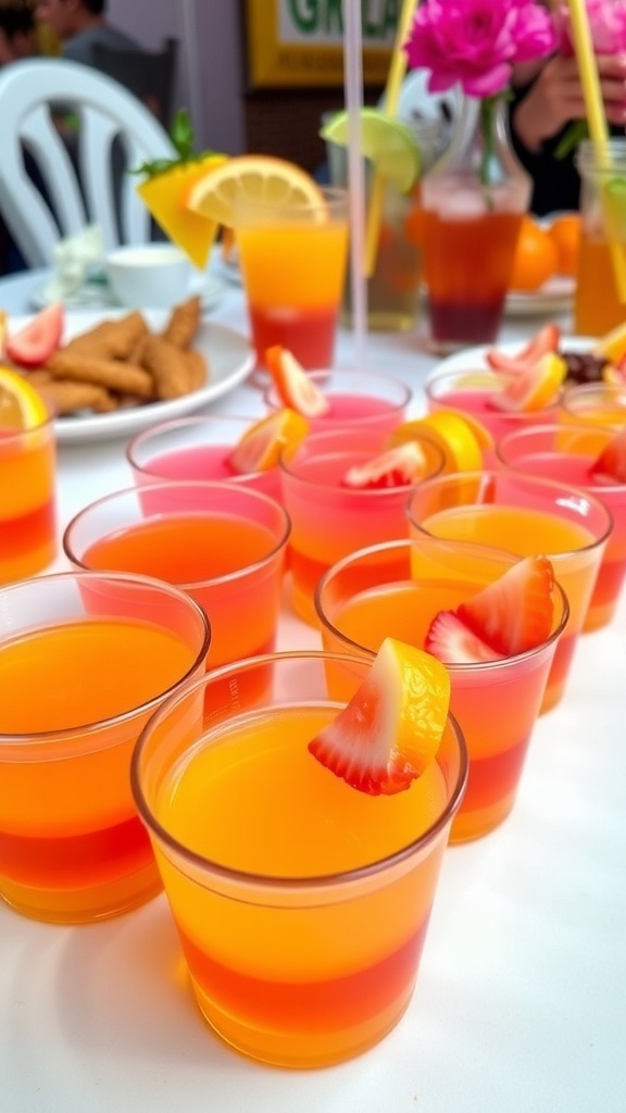 Colorful fruity jello shots in clear cups garnished with fresh fruit slices on a brunch table.